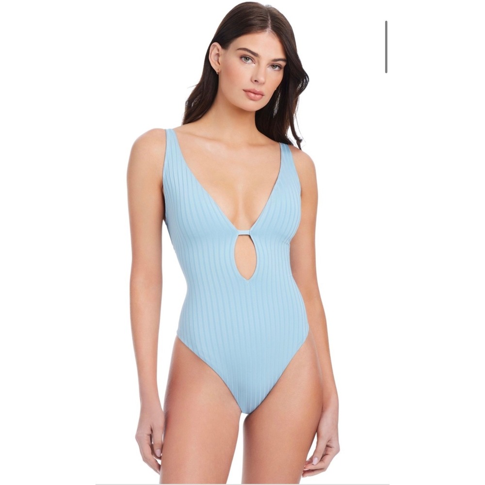 NWT Sanctuary‎ One Piece Swimsuit Womens Blue Ribbed Lace Up Keyhole L $119